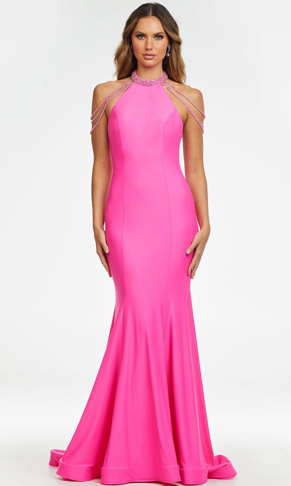 Ashley Lauren - 11170 Beaded High Halter Mermaid Gown Prom Dresses 0 / Fuchsia