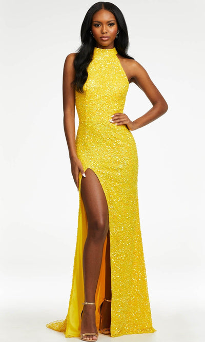 Ashley Lauren - 11174 High Halter Sequin Gown Prom Dresses 0 / Yellow