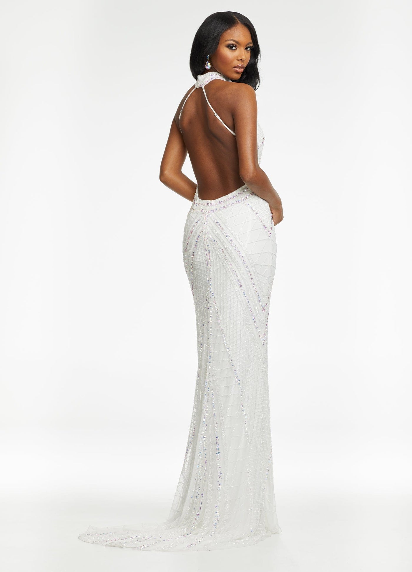 Ashley Lauren - 11177 Beaded Halter Gown with Slit In White
