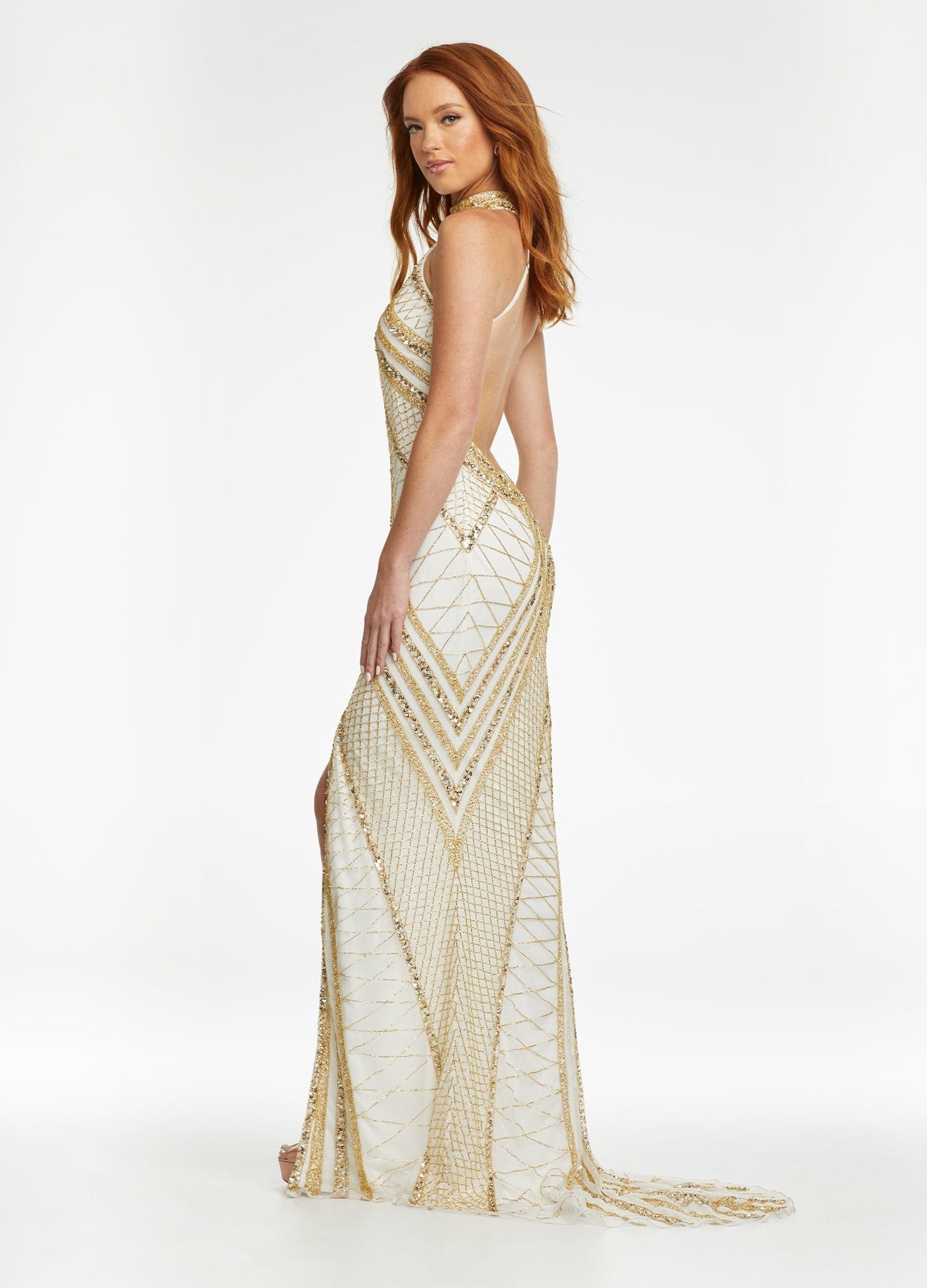 Ashley Lauren - 11177 Beaded Halter Gown with Slit In Gold and White