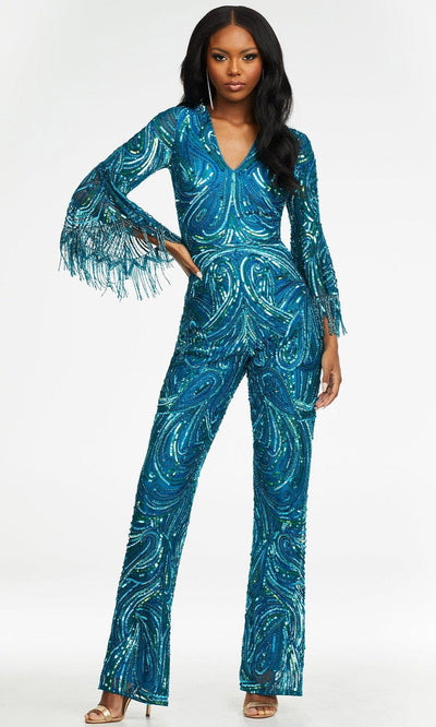 Ashley Lauren - 11181 Bell Sleeve Beaded Jumpsuit Evening Dresses 0 / Blue