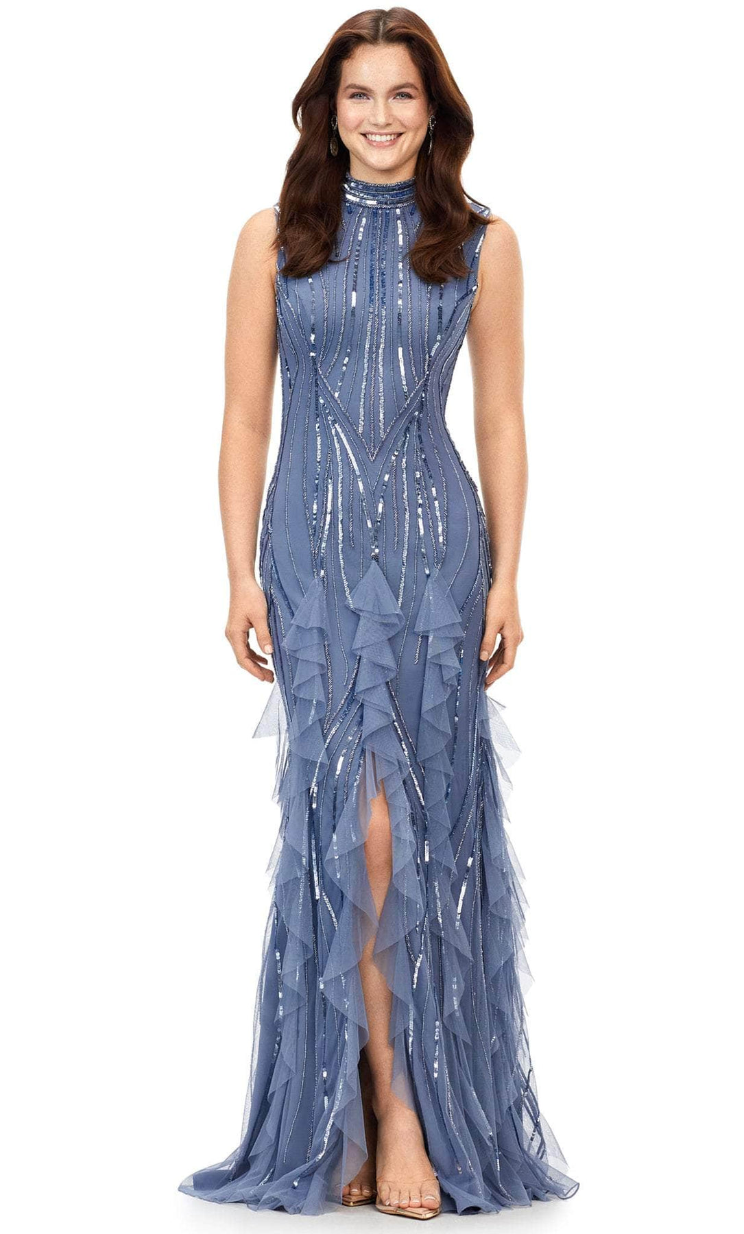 Ashley Lauren 11198 - High Neck Ruffled Evening Gown Evening Gown 0 / Vintage Blue