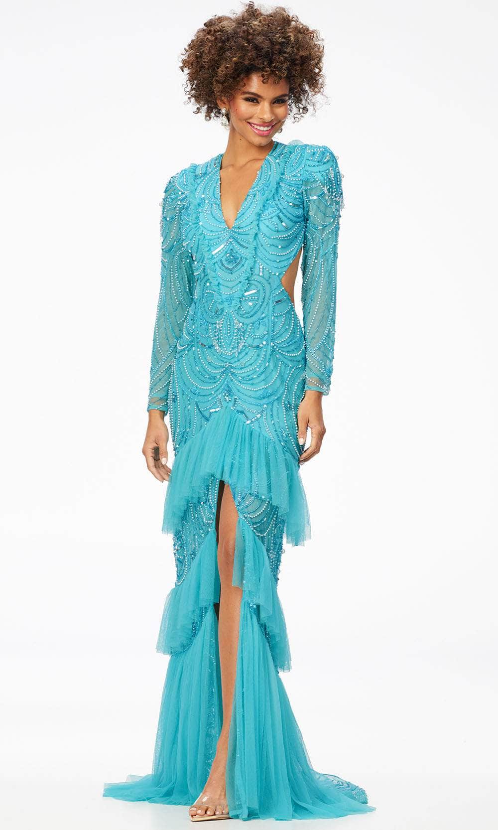Ashley Lauren 11199 - Tulle Ruffled Evening Dress Special Occasion Dress 0 / Neon Blue