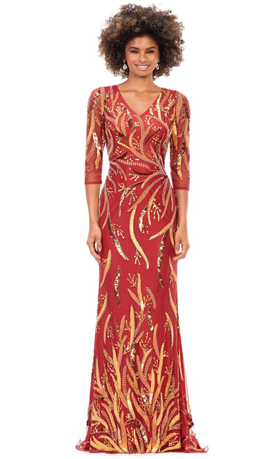 Ashley Lauren 11205 - V-Neck Sequin Evening Gown Evening Gown 0 / Light Amber