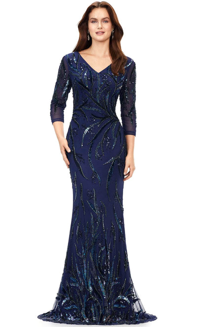 Ashley Lauren 11205 - V-Neck Sequin Evening Gown Evening Gown 0 / Navy