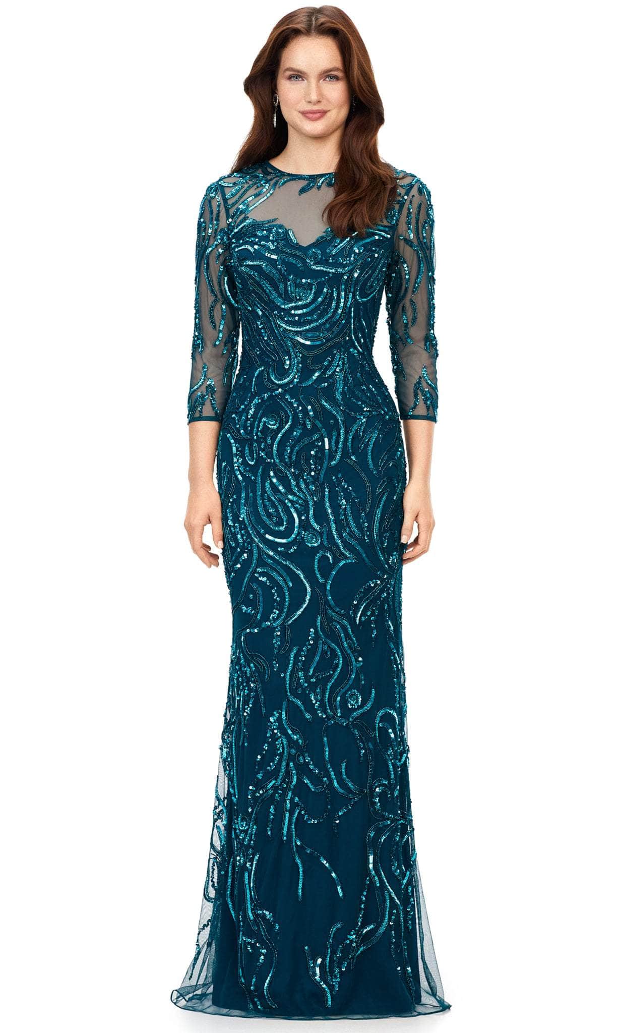 Ashley Lauren 11208 - Illusion Neckline Beaded Evening Gown Special Occasion Dress 0 / Dark Teal