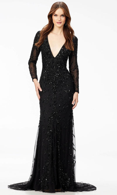 Ashley Lauren 11209 - Long-Sleeved Beaded Evening Dress Special Occasion Dress 0 / Black