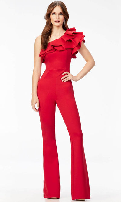 Ashley Lauren 11222 - Ruffled Asymmetric Jumpsuit Special Occasion Dress 00 / Red
