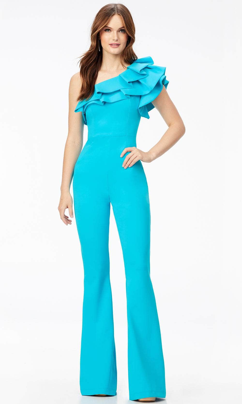 Ashley Lauren 11222 - Ruffled Asymmetric Jumpsuit Special Occasion Dress 00 / Turquoise