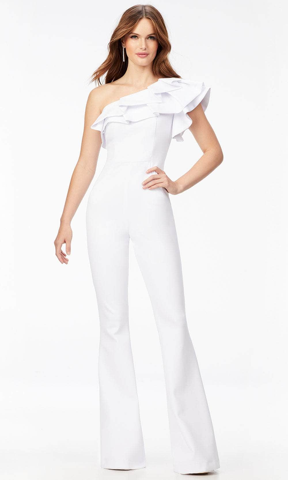 Ashley Lauren 11222 - Ruffled Asymmetric Jumpsuit Special Occasion Dress 00 / White