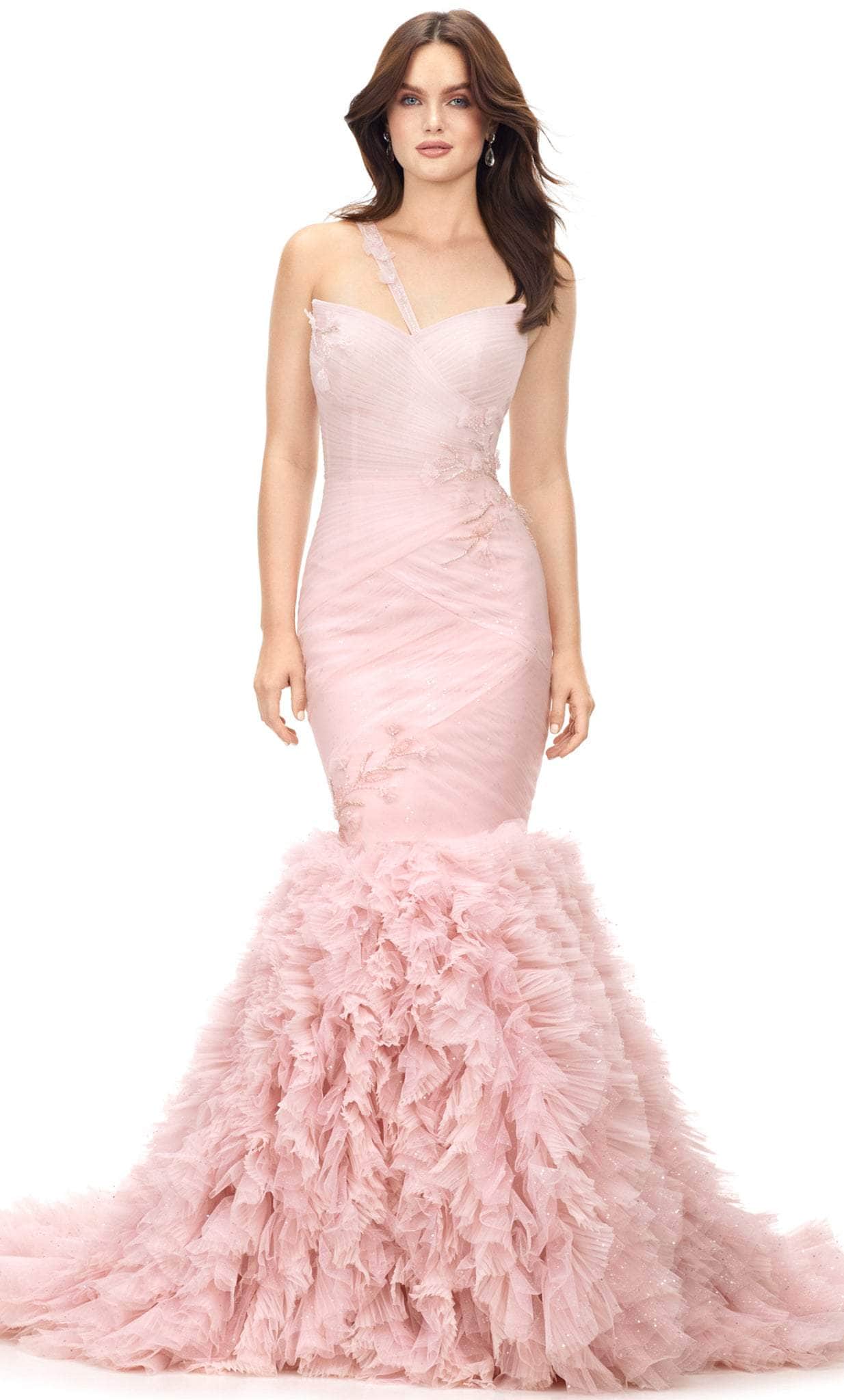 Ashley Lauren 11232 - Asymmetric Strap Tulle Mermaid Gown Special Occasion Dress 0 / Blush