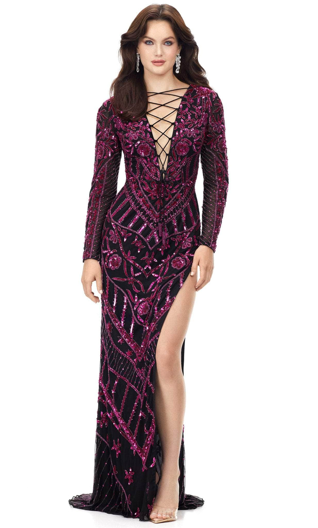 Ashley Lauren 11239 - V-Neck Lace-Up Evening Gown Special Occasion Dress 00 / Fuchsia/Black