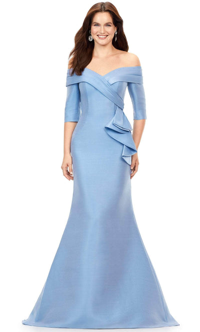 Ashley Lauren 11324 - Pleated Off Shoulder Evening Gown Evening Gown 0 / Vintage Blue