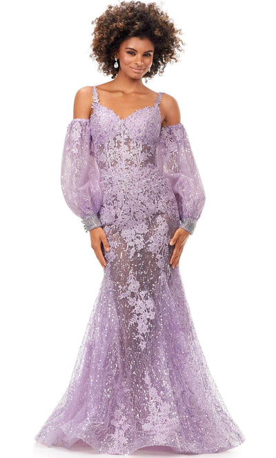 Ashley Lauren 11335 - Embroidered Lace See-Through Gown Special Occasion Dress 0 / Lilac