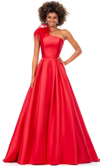 Ashley Lauren 11336 - Feather Detailed One Sleeve Evening Gown Special Occasion Dress 0 / Red