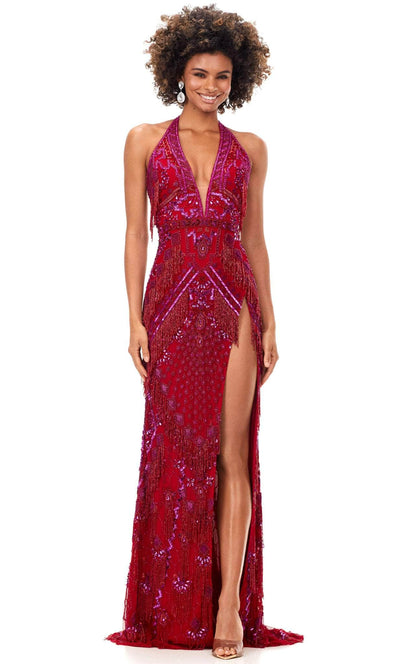 Ashley Lauren 11341 - Halter Plunging Embellished Long Gown Special Occasion Dress 0 / Red