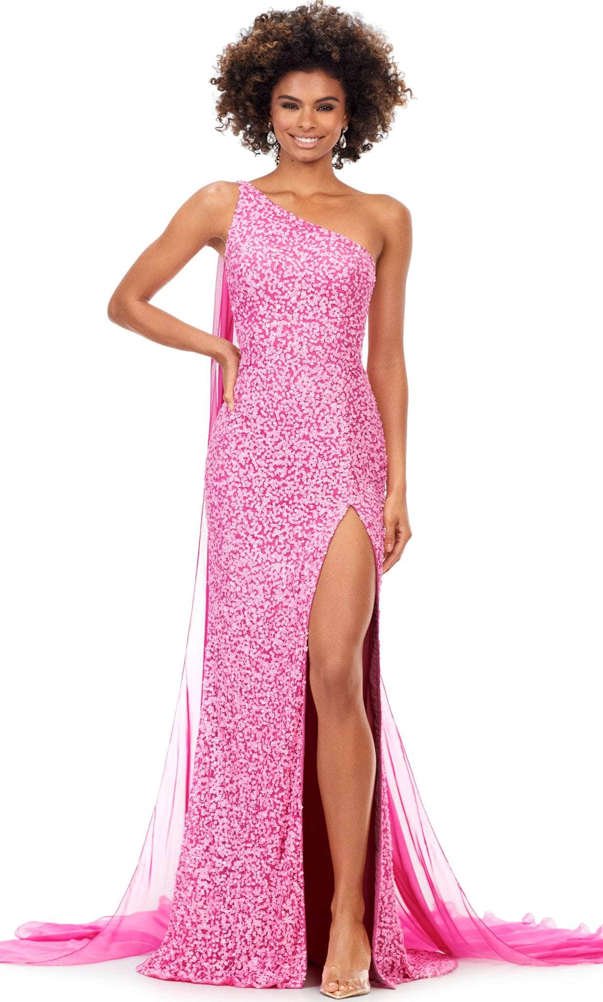 Ashley Lauren 11371 - Asymmetric Sequin Prom Gown With Cape Prom Gown 0 / Candy Pink