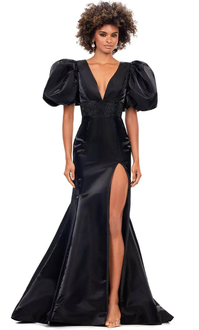 Ashley Lauren 11379 - V-Neck Puff Sleeve Prom Gown Prom Dresses 12 / Black