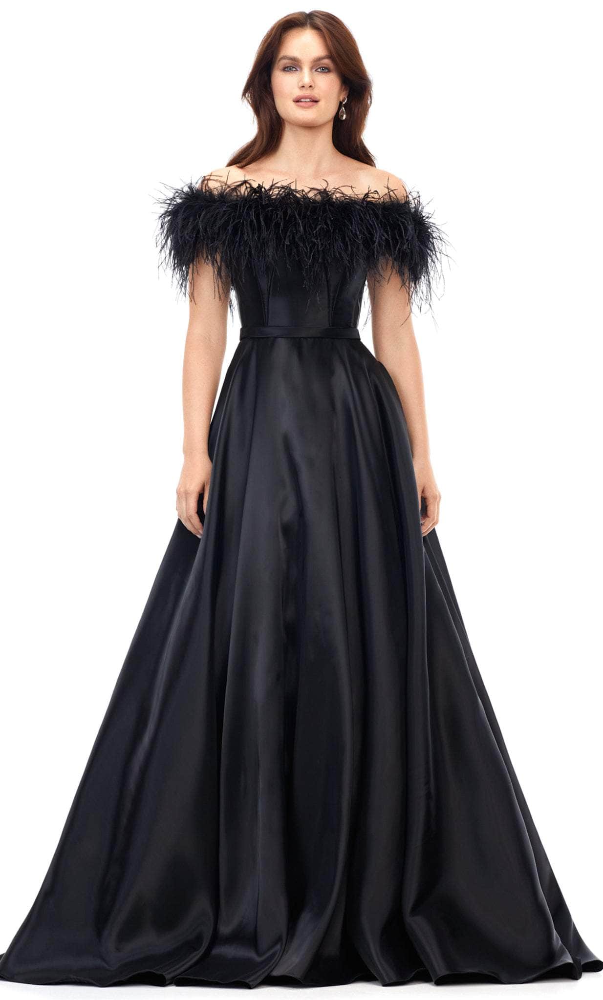Ashley Lauren 11382 - Feathered Off-Shoulder Ballgown Special Occasion Dress 0 / Black
