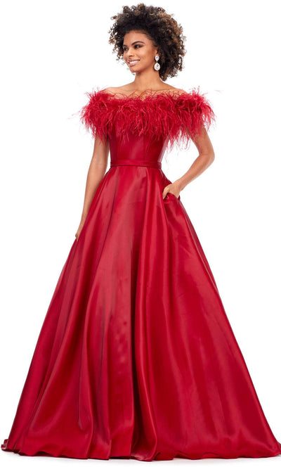 Ashley Lauren 11382 - Feathered Off-Shoulder Ballgown Special Occasion Dress 0 / Red
