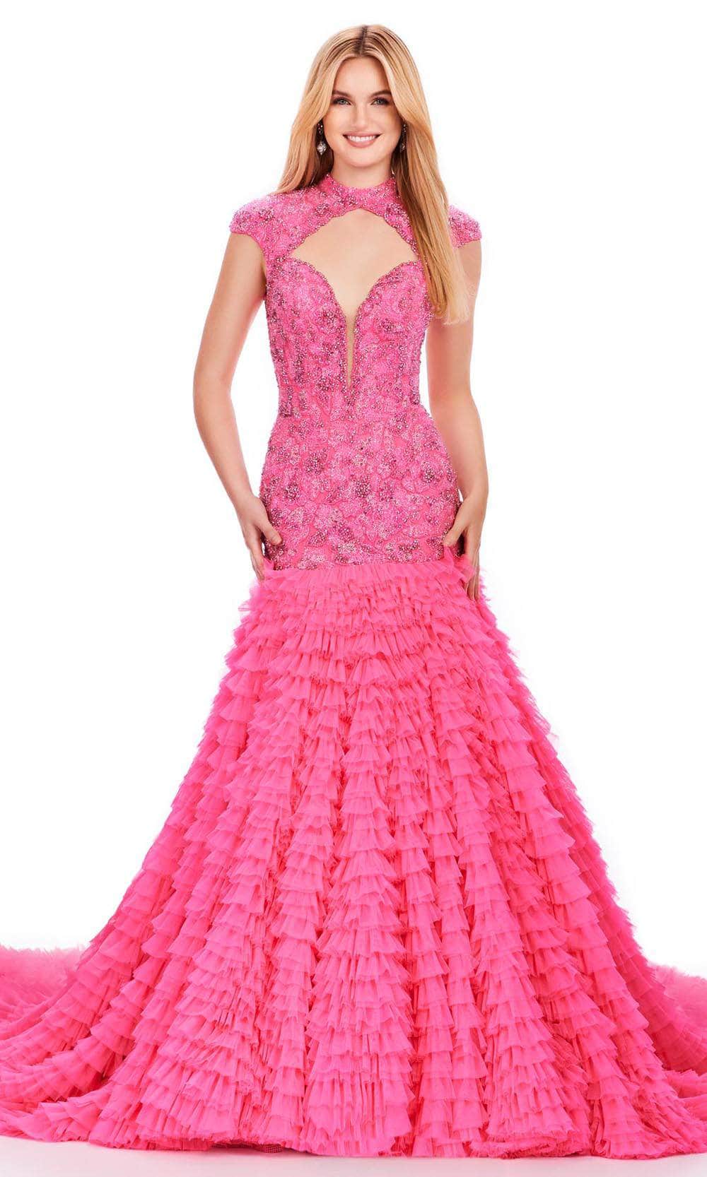 Ashley Lauren 11428 - Beaded Cap Sleeve Gown Ball Gowns 0 /  Hot Pink