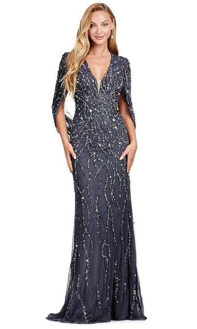 Ashley Lauren 11430 - Fully Beaded V-Neck Evening Gown Ball Gowns 0 /  Charcoal