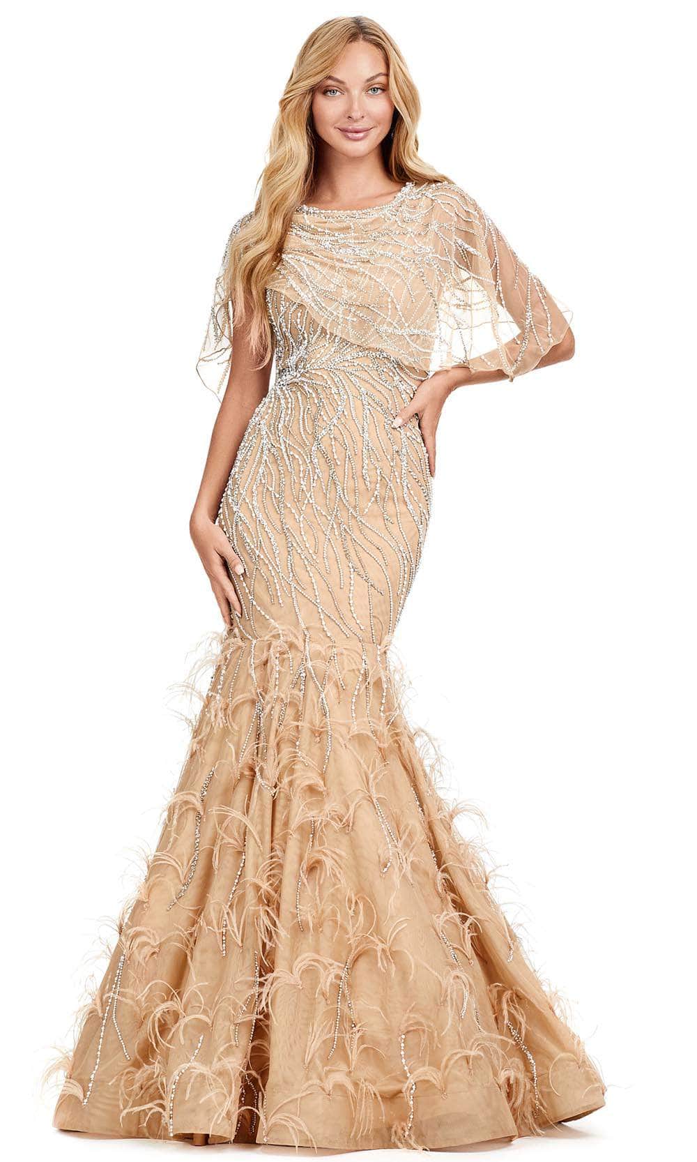 Ashley Lauren 11431 - Cape Sleeve Mermaid Evening Gown Ball Gowns 0 /  Nude