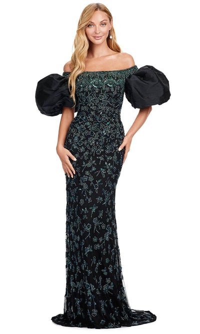 Ashley Lauren 11432 - Off Shoulder Beaded Prom Dress 0 /  Nebula Green / Black