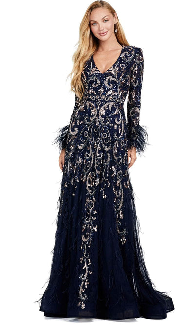 Ashley Lauren 11435 - Long Sleeve A-Line Dress Ball Gowns 0 /  Rose Gold / Navy