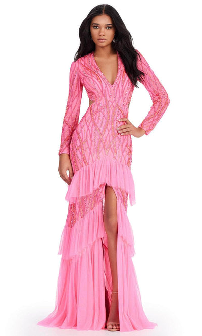 Ashley Lauren 11436 - Sequin Embellished V-Neck Gown 00 /  Hot Pink