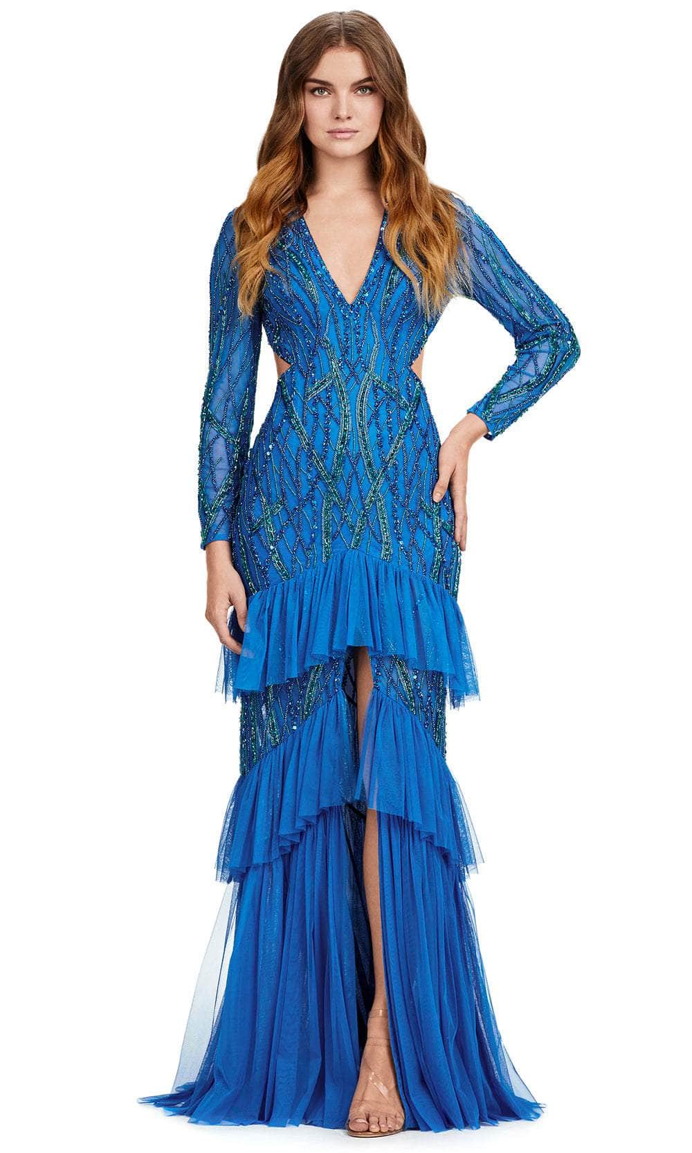 Ashley Lauren 11436 - Sequin Embellished V-Neck Gown 00 /  Peacock