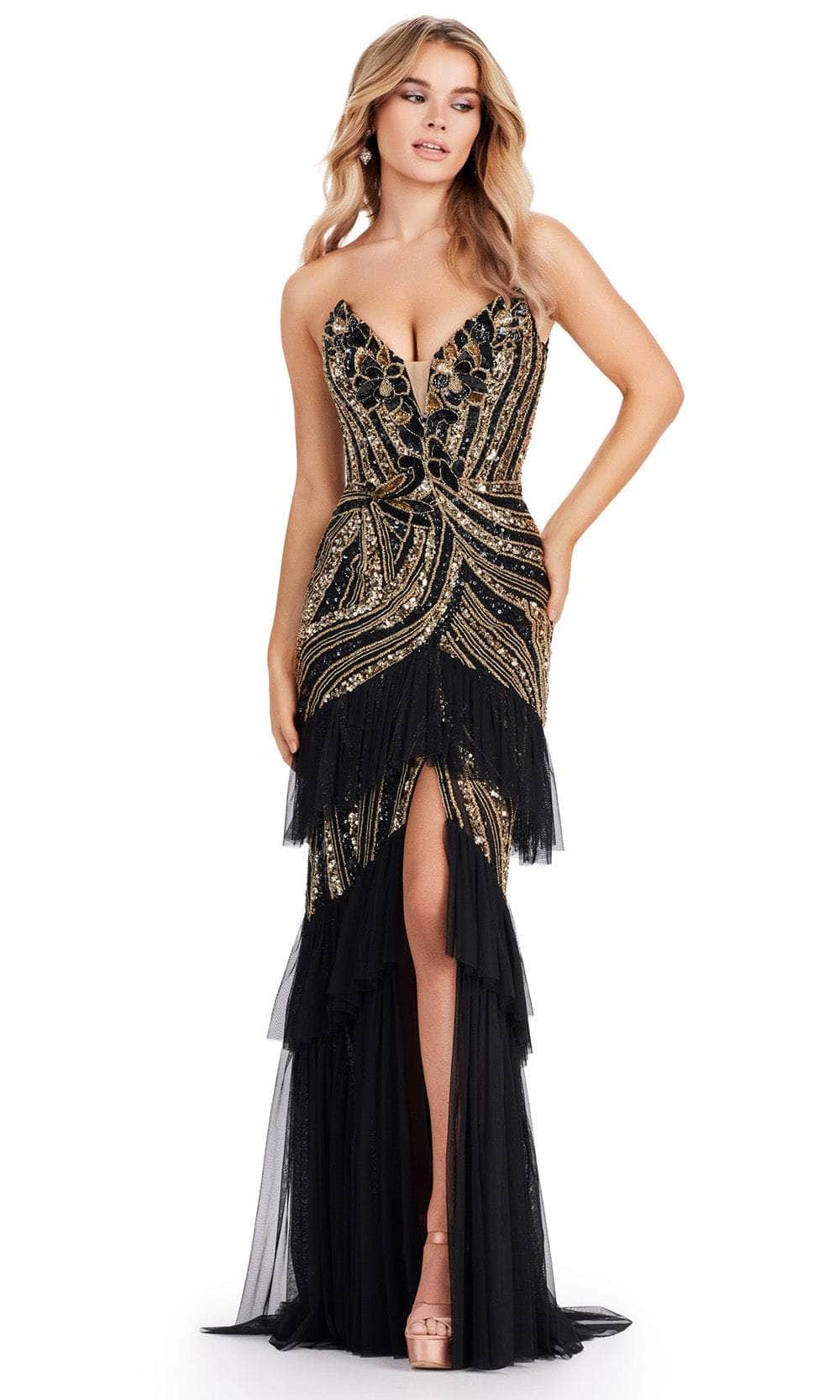 Ashley Lauren 11438 - Long Sequin Sheath Dress - Strapless, Illusion Inset, Sequin Motif, V-Open Back, Front Slit, Tiered Ruffles, Sweep Train 2 / Ashley Lauren 11438 - Long Sequin Sheath Dress - Strapless, Illusion Inset, Sequin Motif, V-Open Back, Front Slit, Tiered Ruffles, Sweep Train 2 /
