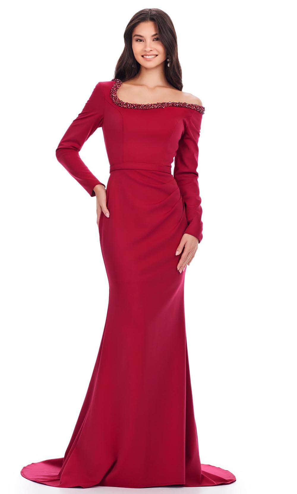 Ashley Lauren 11450 - Long Sleeve Scuba Evening Gown Ball Gowns 0 /  Burgundy