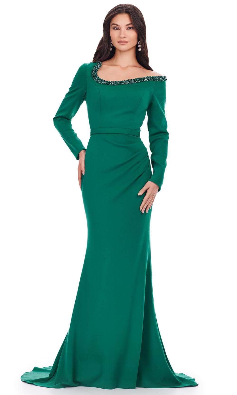 Ashley Lauren 11450 - Long Scuba Mermaid Dress - Long Sleeve, Beaded Trim, Thin Waistband, Ruched, Mid-Open Back, Back Zipper, Sweep Train 8 / Dark Ashley Lauren 11450 - Long Scuba Mermaid Dress - Long Sleeve, Beaded Trim, Thin Waistband, Ruched, Mid-Open Back, Back Zipper, Sweep Train 8 / Dark