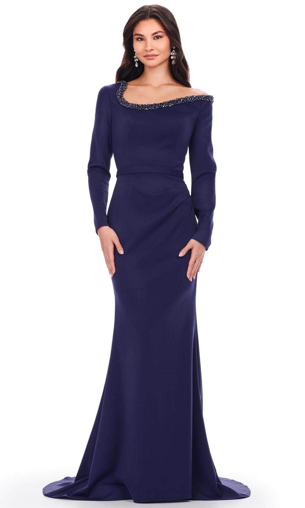 Ashley Lauren 11450 - Long Scuba Mermaid Dress - Long Sleeve, Beaded Trim, Thin Waistband, Ruched, Mid-Open Back, Back Zipper, Sweep Train 12 / Navy Ashley Lauren 11450 - Long Scuba Mermaid Dress - Long Sleeve, Beaded Trim, Thin Waistband, Ruched, Mid-Open Back, Back Zipper, Sweep Train 12 / Navy