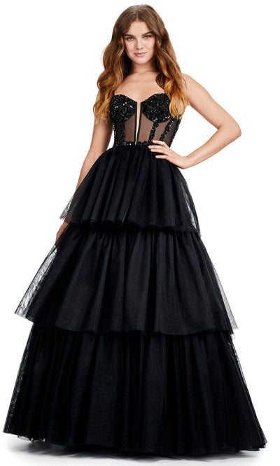 Ashley Lauren 11462 - Beaded Corset Tulle Prom Dress 00 /  Black