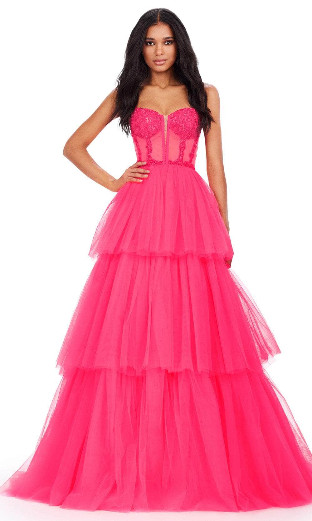 Ashley Lauren 11462 - Beaded Corset Tulle Prom Dress 00 /  Hot Pink