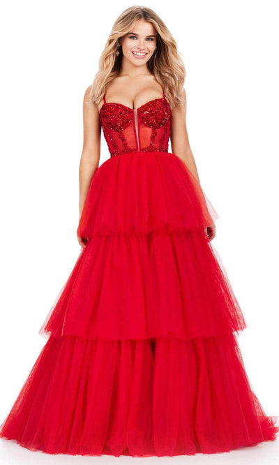 Ashley Lauren 11462 - Beaded Corset Tulle Prom Dress 00 /  Red