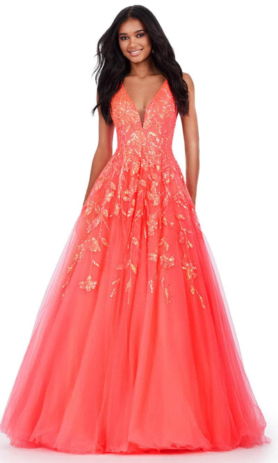 Ashley Lauren 11470 - Tulle Sequin Prom Dress 00 /  Neon Coral