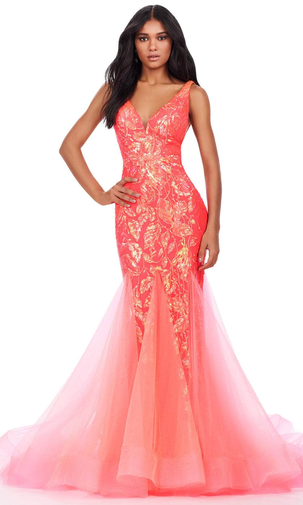 Ashley Lauren 11472 - Sequin V-Neck Prom Dress 00 /  Neon Coral