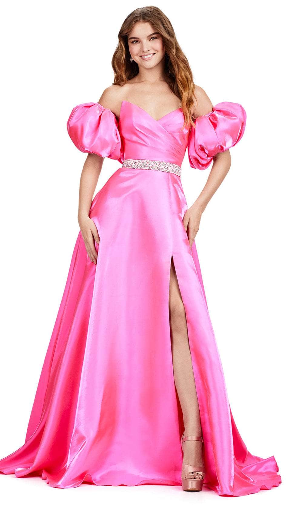 Ashley Lauren 11474 - A-Line Prom Dress with Beaded Belt Ball Gowns 0 /  Hot Pink