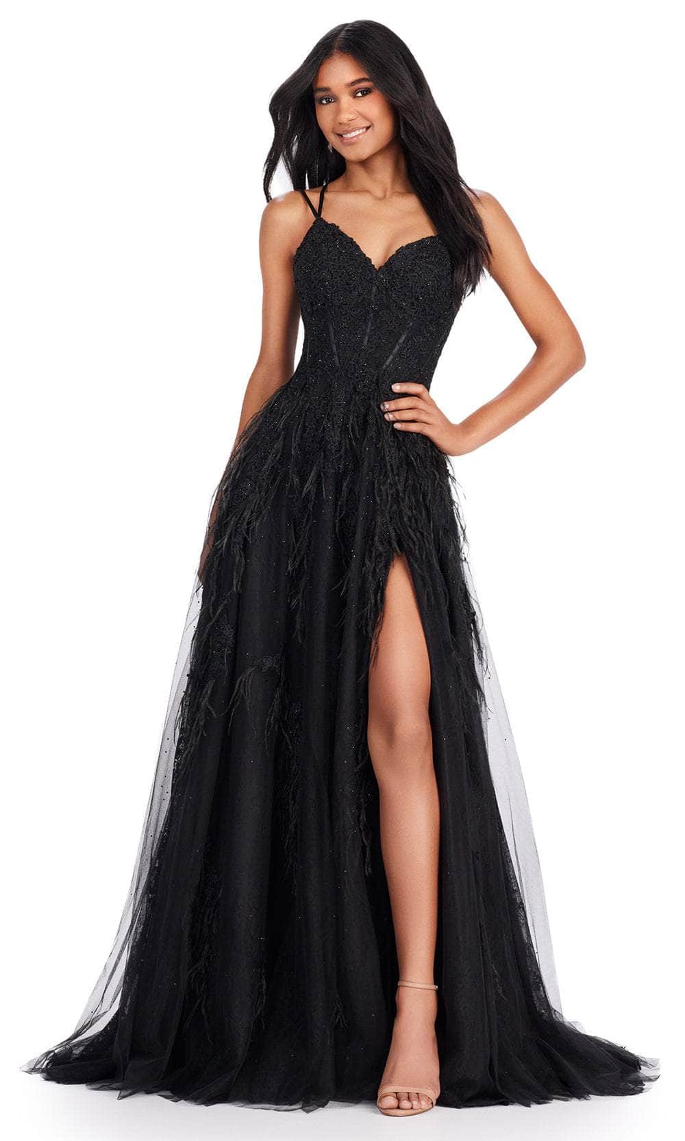 Ashley Lauren 11480 - Applique Corset Prom Dress with Slit 00 /  Black