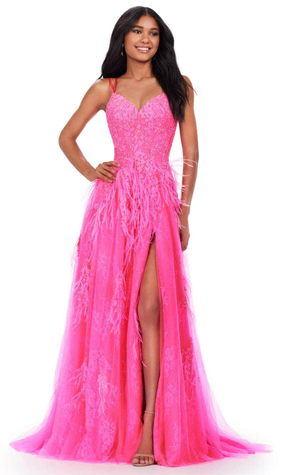 Ashley Lauren 11480 - Applique Corset Prom Dress with Slit 00 /  Hot Pink