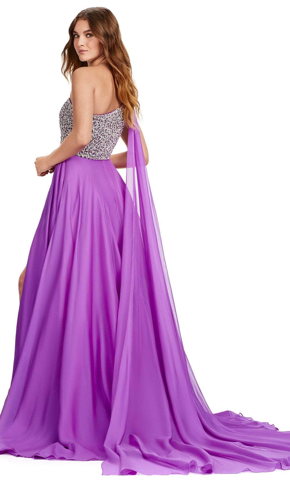 Ashley Lauren 11482 - Long Chiffon A-Line Dress - One Shoulder, Sleeveless, Beaded Top, Mid-Open Back, Back Zipper, Long Cape, High Slit, Sweep Train Ashley Lauren 11482 - Long Chiffon A-Line Dress - One Shoulder, Sleeveless, Beaded Top, Mid-Open Back, Back Zipper, Long Cape, High Slit, Sweep Train