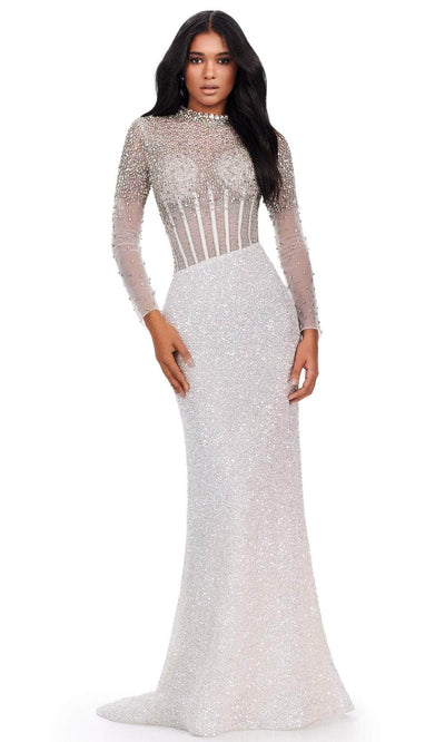 Ashley Lauren 11522 - Long Sleeve Bejeweled Prom Dress Ball Gowns 0 /  Ivory