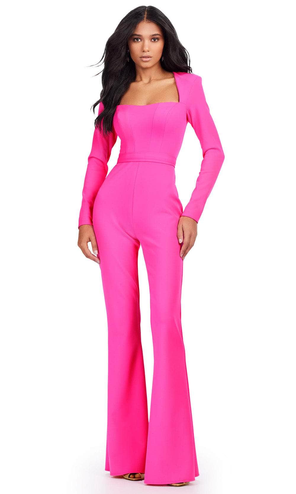 Ashley Lauren 11530 - Square Neck Flared Jumpsuit Ball Gowns 0 /  Fuchsia