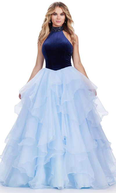 Ashley Lauren 11562 - High Neck Velvet Ballgown Ball Gowns 0 /  Navy / Sky