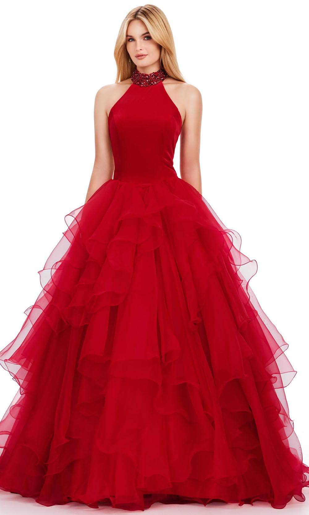 Ashley Lauren 11562 - High Neck Velvet Ballgown 00 /  Red