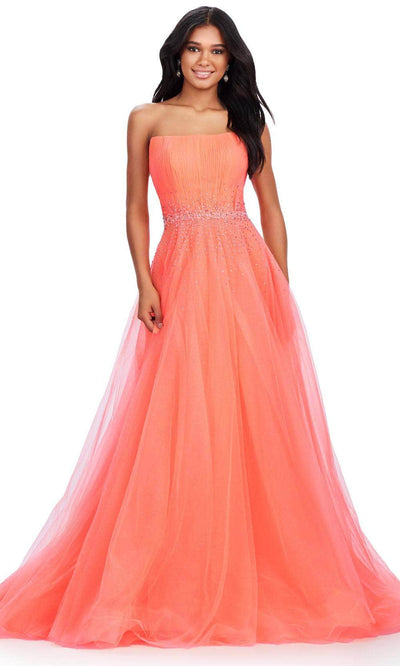 Ashley Lauren 11597 - Scoop Beaded Belt Prom Gown 00 /  Coral