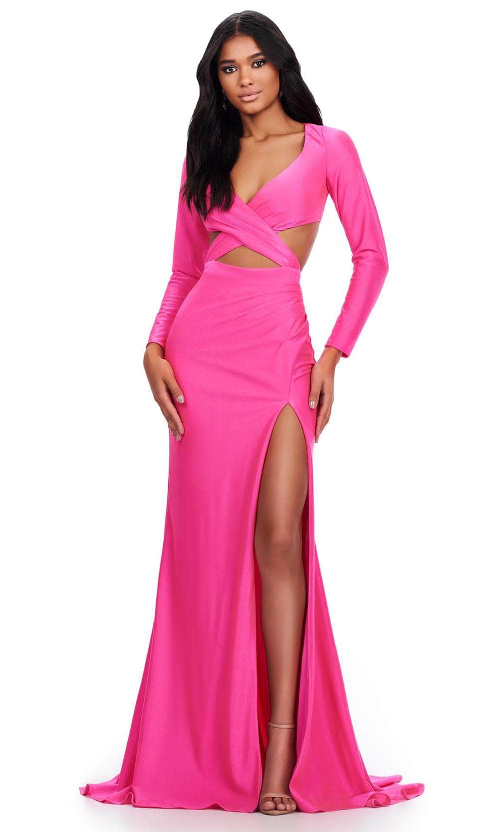 Ashley Lauren 11607 - V-Neck Long Sleeve Dress 00 /  Hot Pink